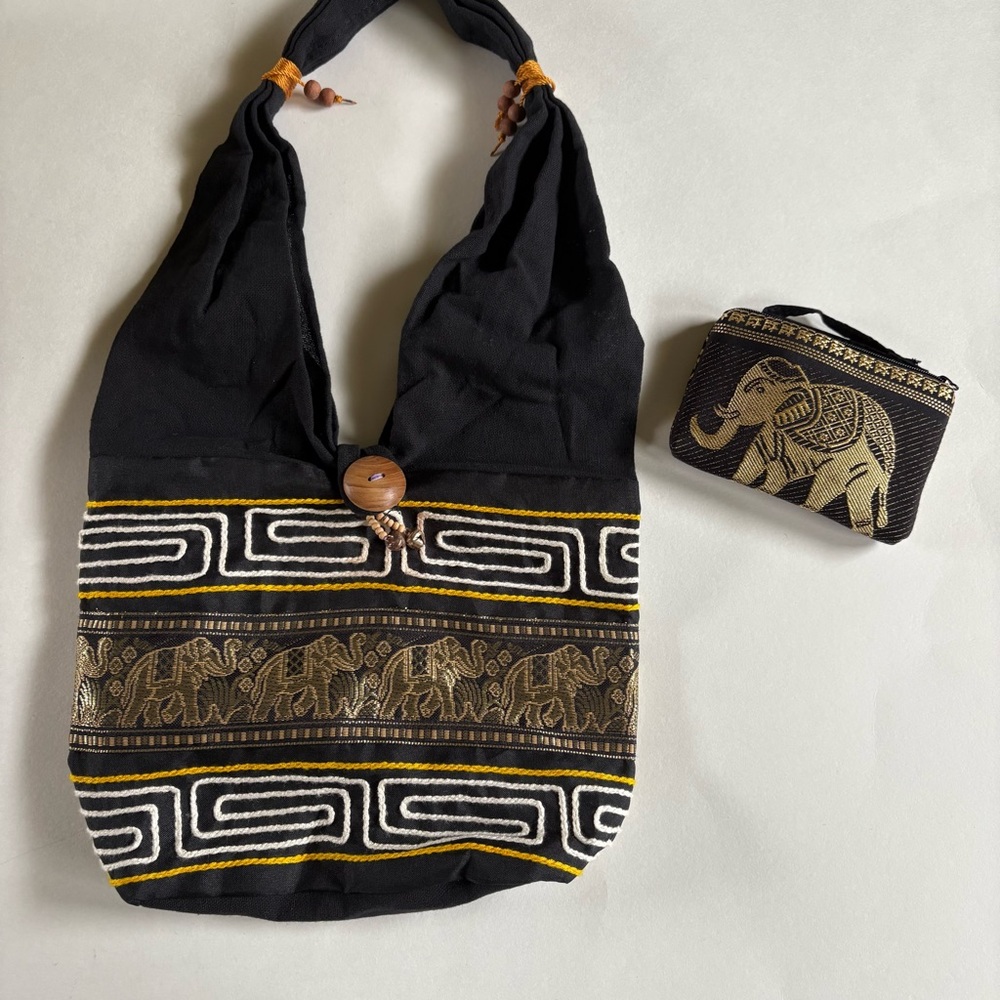 Black and Gold Elephant Thai Patterned Women's Bag and coin purse included